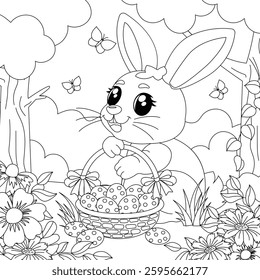 Coloring Easter bunny with a basket. For children's creativity, prints and embroidery. Vector illustration.