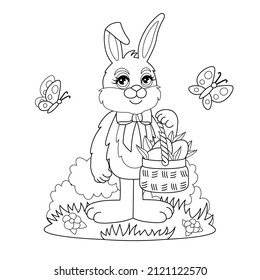 Coloring of Easter bunny standing with a basket of eggs.Pink cartoon hare with red bow isolated on white background.Cute bunny for kids