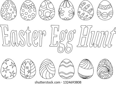 Coloring easter eggs, Vector pattern isolated on white background, contour pattern