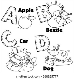 The coloring of the English alphabet and the letters A, B, C and D, and pictures on them.
