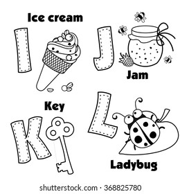The coloring of the English alphabet and the letters I, J, K and L, and pictures on them.