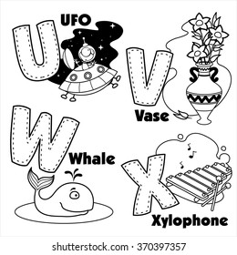 The coloring of the English alphabet and the letters U V W and X and pictures on them.