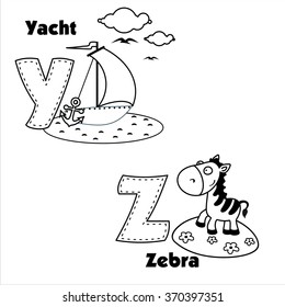 The coloring of the English alphabet and the letters Y and Z and pictures on them.