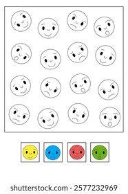 Coloring expression worksheet for kids, identifying emotions activity, color the matching faces according to assigned colors