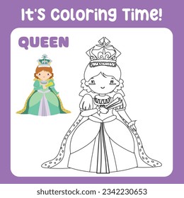 Coloring fairytale kingdom black and white the queen in green dress with hand fan. Vector outline fantasy monarch kingdom a queen in crown and mantle. Medieval fairytale queen character. 