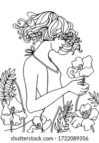 Coloring of fashion women. Curly-haired girl. Hand-drawn coloring book for children and adults. Beautiful drawings with patterns and small details. See more coloring pages in the collections. Vector.