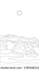 Färben eines Feldes mit Bäumen auf dem Hintergrund der Berge