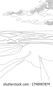 Coloring of fields with grass and trees on the background of clouds