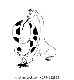 Coloring figures for children. Number nine, the giraffe draws nine spots. Fun math