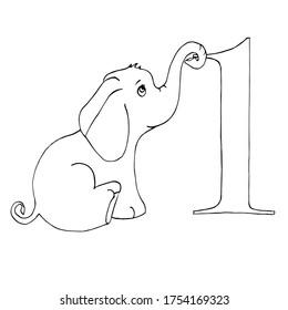 Coloring figures for children. Number one and baby elephant. Fun math