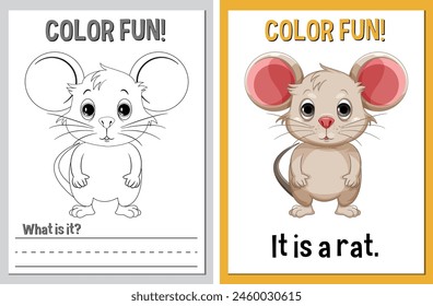 Coloring and finished illustration of a cute rat