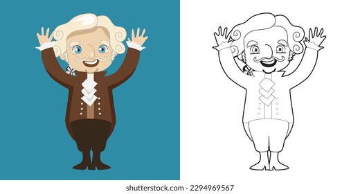 Coloring the first president of America George Washington. 4th of July coloring page for kindergarten and preschool children. Educational printable coloring worksheet. Vector file.