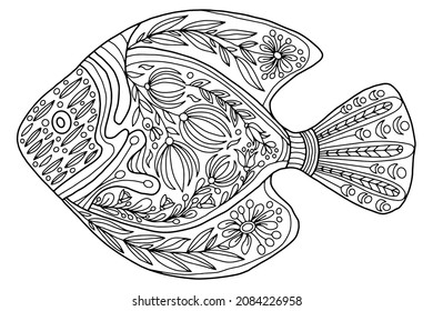 Coloring fish with abstract flowers and branches in folk style drawn on a white background, vector