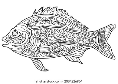 coloring fish with folk style abstract leaves and flowers drawn on a white background, vector