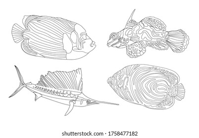 Färben von Fisch. Die Unterwasserwelt der Tiere. Leben in Meer und Ozean. Die lineare Zeichnung ist schwarz-weiß.