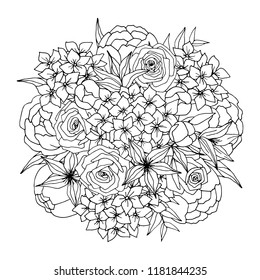 Coloring  flower bouquet. Vector coloring page for adult – Flower bouquet. Hand-drawn illustration for coloring. All elements are isolated and editable.Vector.