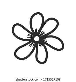 Coloring flower on an isolated white background. Silhouette black and white clip art. Doodle style, contour, childish hand-drawn. Print on fabric, wallpaper, icons for children. Vector illustration.