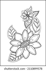 Coloring flowers and leaves. Vector image with plants. Hand drawn background. Mandala, design for meditation.