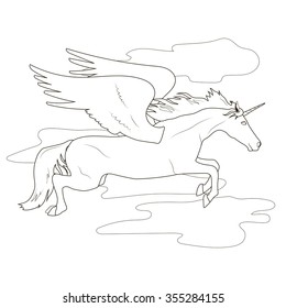Coloring flying in the clouds the fabulous unicorn pegasus