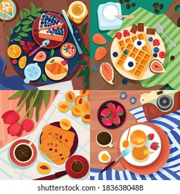 Coloring food 2x2 design concept with top view of tables served with different baked goods fruits and berries vector illustration