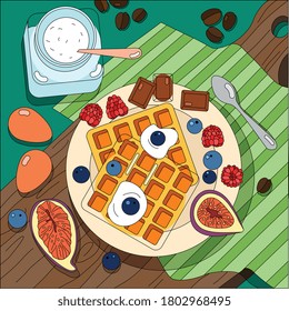Colores de fondo alimentario con vista superior de placa con caramelos y frutas en tablero de corte de madera cubierto por ilustración vectorial de servilleta textil