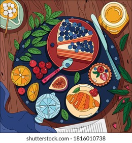 Fondo de coloración de la comida con vista superior a la mesa de madera servida con servilletas y platos de desayuno colocados en la ilustración vectorial de la vajilla de mesa