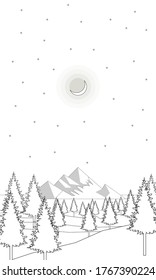 Coloración de la silueta forestal sobre el fondo de las montañas y la luna