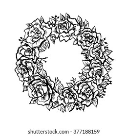 Coloring frame rose wreath. White board sketch. Stock vector illustration