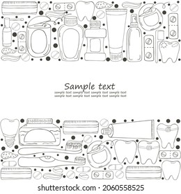 Coloring frame, text. Set of elements for the care of the oral cavity in hand draw style. Teeth cleaning, dental health. Teeth, floss, brush, paste, rinse