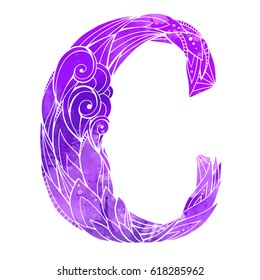 Coloring freehand drawing capital letter C with floral doodle pattern and watercolor background. Vector element for your design