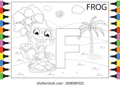 Coloring Frog animal cartoon with the letter F, simple vector illustration