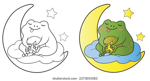 Coloring frog on the moon.Vector illustration of a sleeping frog color and black and white.Clipart frog.