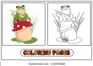 Coloring The frog princess  sits the mushroom  in the crown   holds the arrow  Against the backdrop marshes   reeds  For children's creativity in preschool institutions  Coloring book Vector