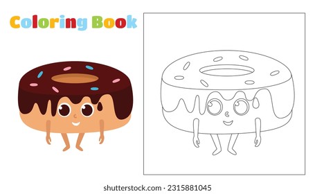 Coloring fun donut in chocolate glaze. The food has a face, arms and legs and smiles happily. Worksheet for children in kindergartens, schools, cafes and restaurants.