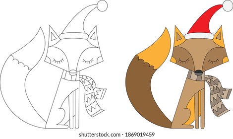 coloring funny fox picture for early childhood with christmas hats