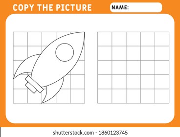 Farbige kleine Rakete. Erziehungsspiel für Kinder. Kopieren Sie das Bild.  Illustration und Vektorgrafik - druckfertiges A4-Papier. Vorschulblatt.