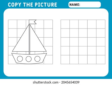 Coloring Funny little Ship. Educational Game for Kids. Copy the picture.  Illustration and vector outline - A4 paper ready to print. Preschool worksheet.