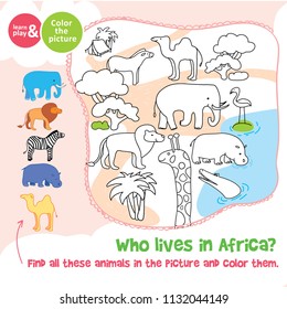 Coloring game amimals in Africa zebra camel crocodile hippo lion elephant flamingo giraffe in profile. For childrens books, magazines, development kids. Flat Line art. Vector isolated. Hand draw.