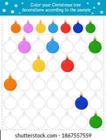 Coloring game for children. Coloring Christmas toys in accordance with the sample