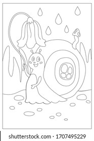 Coloring game for children. Kids educational activity. Cute snail with a flower
