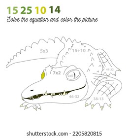 Coloring game for children with a picture of a crocodile. Educational game for elementary grades. Solve the equation and color.