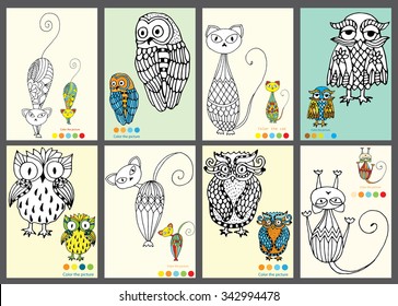 Coloring game - color the cats and owls as on template. Worksheet with variations