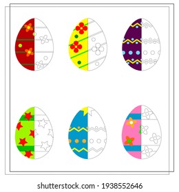Coloring game for kids. Easter egg, color half of the egg according to the pattern. Vector isolated on white background
