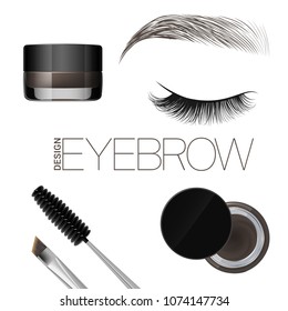 Coloring Gel For Eyebrows. Eyebrows Makeup. Brush And Comb For Eyebrow. Beautiful Closed Eye And Brow. Isolated On A White Background. Vector.