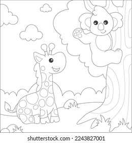 jirafa colorante y koala en el bosque