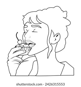 Coloring , girl and cupcake with cherry, for children and adults, girl eating sweet pastries, vector black and white illustration. antistress