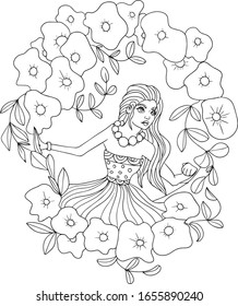 Coloring. Girl with long hair and flowers. Postcard.