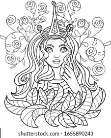 Coloring. Girl with long hair and flowers. Postcard.