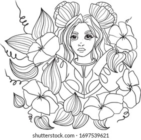 Coloring. Girl with long hair and flowers. Postcard.