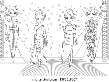 Coloring Girls In Glamor Dress On Fashion Show